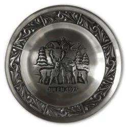 1975 Astri Holthe Norwegian Pewter Christmas Plate, Reindeer In Snowy Landscape