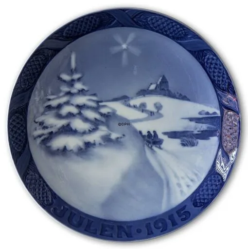 Snow Covered Landscape With Spruce, Sledge And Church 1915, Royal Copenhagen Christmas Plate -Fiesta Shop RX1915